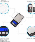 Ultra Mini Pocket Scale 1000G Capacity With 0.1G Increments showing LCD, removable tray, batteries, and stainless steel pan