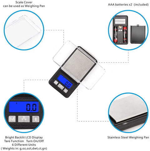 Ultra Mini Pocket Scale 1000G Capacity With 0.1G Increments showing LCD, removable tray, batteries, and stainless steel pan