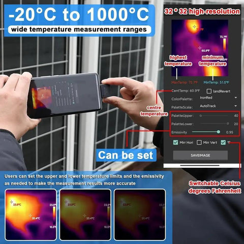 Portable Infrared Thermal Imaging Camera With USB Type C For Android Phone 32 By 32 Resolution Minus 20 To 1000 Celsius Range Real Time IR Imaging Handy TinyThermalImager App Upgrade From Google Play For Quick Field Scans showing temperature range and real-time IR scan on smartphone.