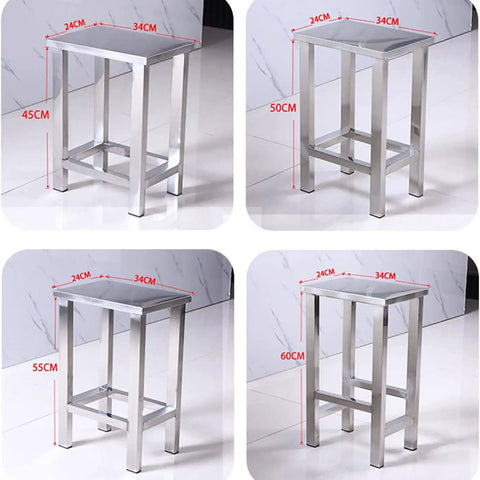 Sturdy 304 Stainless Steel Square Stool For Factory Lab And Workshop Use Dust Free And Easy To Clean Pro Grade Trapezoidal Frame Heavy Duty Operation Seat With Non Slip Feet 40cm Height Ideal Shoe Stool Or Standing Workbench Chair, shown in four different heights ranging from 45cm to 60cm.