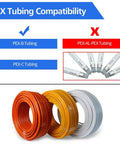 Compatibility chart for PEX tubing with coils of orange, yellow, and white PEX tubing displayed below.