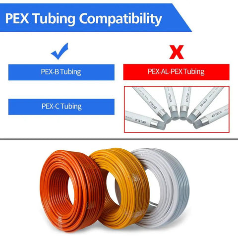 PEX tubing compatibility chart showing PEX-B, PEX-C with orange, yellow, and white tubing reels prominently displayed.