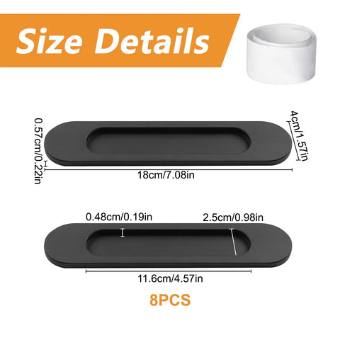 8 Pack Matte Black Aluminum Alloy Recessed Oval Sliding Door Handles For Barn Doors Closets Cabinets Drawers And Wardrobes 180mm Length Punch Free No Drill Easy Install Smooth Edges Rust Resistant Finish size details 180x40mm