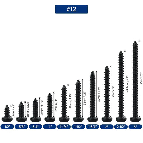 Image showcasing 50 Pack Black Torx Pan Head Sheet Metal Screws in various lengths, demonstrating 304 stainless steel construction.