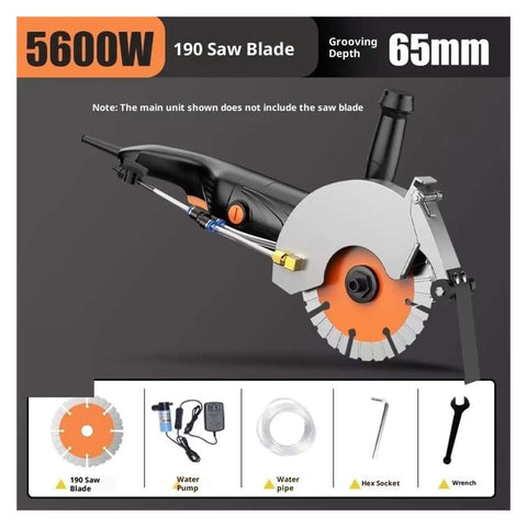 Pro Grade Cordless Circular Saw With Brushless Motor For Dust Free Concrete Wall Slotting And Heavy Duty Stone Grooving Cuts Hardcore Smooth As Butter No Sweat On Any Job Site with 190 saw blade and water pump attachments.