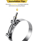 Close-up of 4 Pack 304 Stainless Steel T Bolt Hose Clamps 81mm To 89mm Adjustable Range, highlighting lubrication tip.