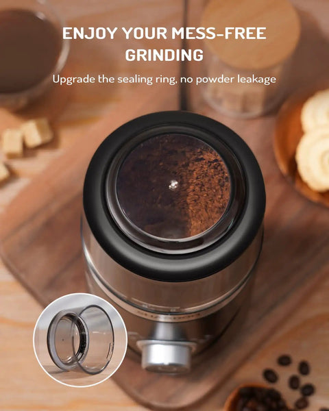 Electric Super Silent Blade Coffee Grinder With Timed Grind Control Rotary Knob showing sealed lid for mess-free use