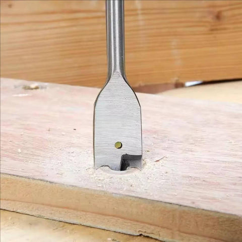 Spade paddle drill bit, 3/8-inch, hex shank, cutting into wood.