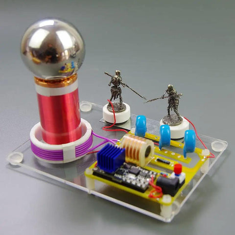 Tabletop Tesla Coil DIY Kit With Spark Gap High Voltage Science Educational Toy For Electrical Hobbyists Easy Assembly In About 1 To 2 Hours Includes Step By Step Guide And 12V Power Supply Prep. tabletop kit with acrylic base, copper coil, and metal spark gap