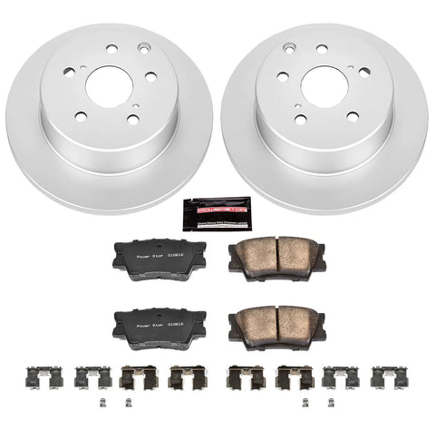 Rear Brake Kit With Fully Coated Rotors And Z17 Ceramic Brake Pads For Lexus HS250h 2010 2012 And Toyota RAV4 2006 2018 Replacement CRK4671 with rotors, pads, and hardware on display.