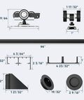 8 Foot Heavy Duty Bypass Door Hardware With Finger Pulls, Aluminum Sliding Closet Door Track For Two Door System, Quiet And Smooth Operation, Fits Door Thickness 1 3 8 Inch Or 1 3 4 Inch, Easy To Install, Black components and measurements.