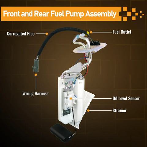 Ford F Series Front And Rear Fuel Pump Assembly For 1992 1993 1994 1995 1996 1997 F150 F250 F350 F250HD V8 5.0L 5.8L 7.5L 4.9L Engine Compatibility Ride Ready Back On The Road Built To Last showcasing components like wiring harness and strainer.