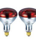 Red Infrared Heat Lamp 250W R40, 120V Flood Light For Pets And Poultry, E26 Medium Base, 2-pack shown side by side.