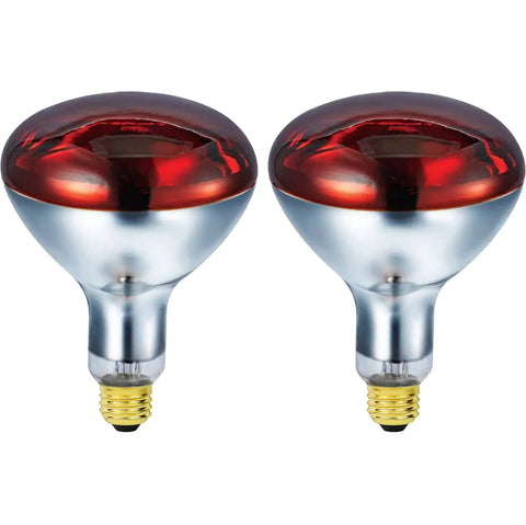 Red Infrared Heat Lamp 250W R40, 120V Flood Light For Pets And Poultry, E26 Medium Base, 2-pack shown side by side.