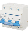 Front view of a 3 Pole DIN Rail Mount Circuit Breaker 100A 400V with automatic shutdown and rapid arc extinction.