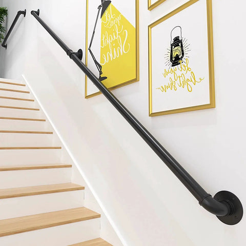 Rock Solid Black Wrought Iron Stair Handrail Wall Mounted Banister With Heavy Duty Brackets For Indoor Outdoor Porch Deck 15 Feet Built To Last Quick Diy Setup, seen on a staircase with wooden steps.