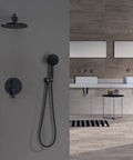 Iriber matte black wall-mounted shower system with rainfall head and handheld sprayer includes pressure balance valve