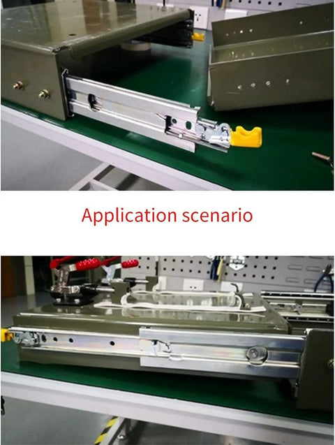 Bulletproof Heavy Duty Steel Drawer Slides And Three Section Fully Extended Rails With Secure Lock For Kitchen Cupboard Wardrobe Cabinet Supports Up To 100 Pounds Super Smooth Glide And Easy Peasy Install in use with green surface.