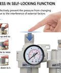 Close-up of Half Inch NPT Air Compressor Filter Regulator Lubricator Combo With Gauge 0 To 150 PSI, showing self-locking function