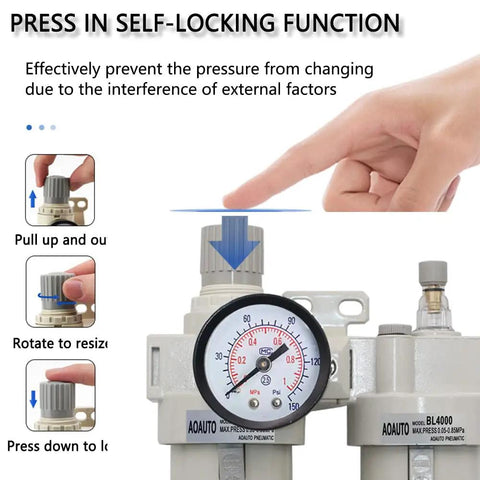 Close-up of Half Inch NPT Air Compressor Filter Regulator Lubricator Combo With Gauge 0 To 150 PSI, showing self-locking function