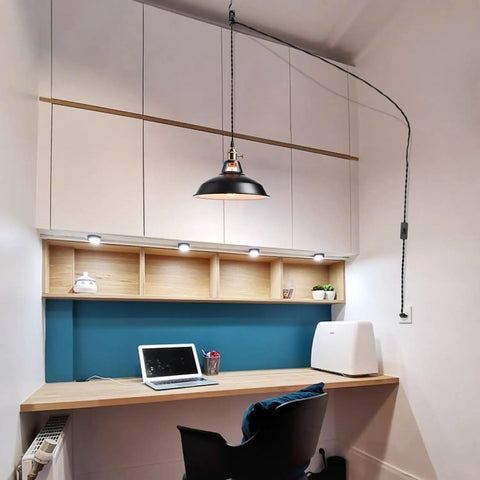 Industrial Plug In Pendant Light With Switch Black Barn Style Ceiling Lamp over kitchen desk setup, adding modern rustic vibe.