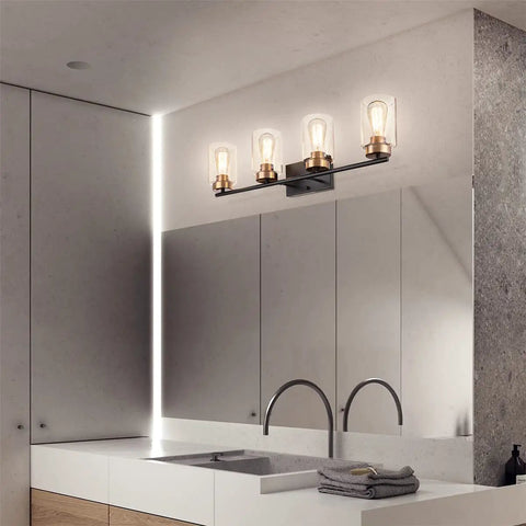 Vintage Vibe 31 Inch Bathroom Vanity Light Fixture With Four Lights Seeded Glass Shades Gold Lamp Base On Black Metal Backplate ETL Listed Easy To Install Bulbs Not Included above mirror