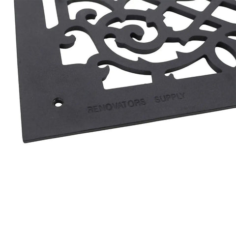 Close-up of Victorian Style Ornate Air Grille For 12 By 14 Opening, heavy duty cast aluminum with black rust resistant finish.