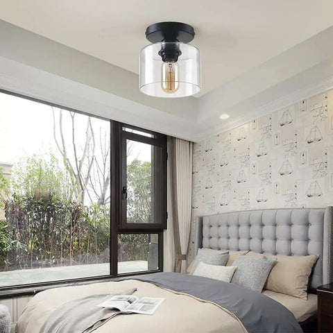 Bedroom with Modern Semi Flush Mount Ceiling Light With Matte Black Finish And Clear Glass Shade For Kitchen Hallway Closet Dining Room Farmhouse Style Dope Industrial Look E26 Base Compatible Five Point Nine Inch Fixture
