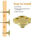 Two Pack Clover Shaped Brass Knob Set For Dresser Wardrobe Cabinets And Doors With Dope Gold Finish shown with installation steps.