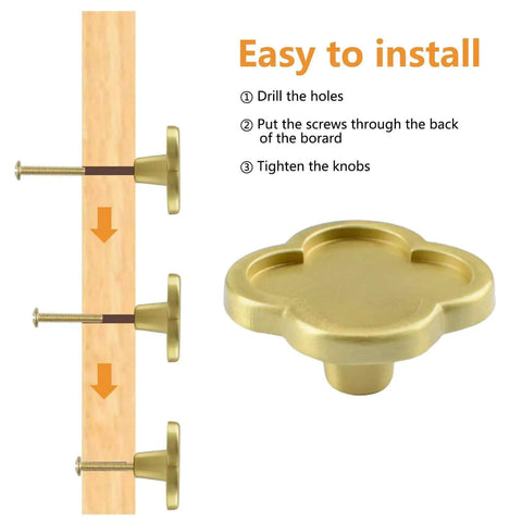 Two Pack Clover Shaped Brass Knob Set For Dresser Wardrobe Cabinets And Doors With Dope Gold Finish shown with installation steps.