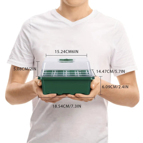 Person holding 3-Pack Seed Starter Trays With Adjustable Humidity Dome And Base Indoor Greenhouse Propagator 12 Cells