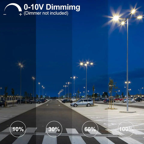 High Output LED Parking Lot Light 240W/200W/150W Adjustable, showing 0-10V dimming in a night parking lot setting