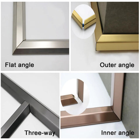 Heavy Duty Stainless Steel Floor Cable Cover With Self Adhesive Backing showing various angle fittings: flat, outer, and inner.