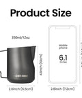 12 Oz Stainless Steel Milk Frothing Pitcher For Espresso And Latte Art Black Round Spout Milk Jug next to phone for size comparison