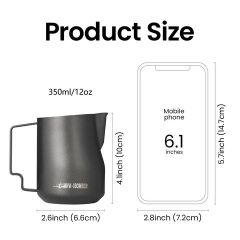 12 Oz Stainless Steel Milk Frothing Pitcher For Espresso And Latte Art Black Round Spout Milk Jug next to phone for size comparison
