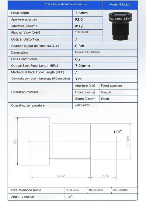 Diagram of Built Tough 3.6mm 5MP Fixed Focus M12 Board Lens Offering Killer 160 Degree Wide Angle Coverage for specs.
