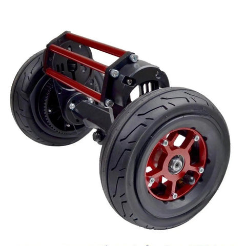 Skateboard motor mount bracket guard cover for 53 and 63 motors, fits 160mm wheels, shown attached to electric skateboard wheels