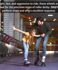 Father teaching daughter to skate indoors wearing Eight Pack 58mm By 39mm 95A Indoor Quad Roller Skate Wheels For Roller Derby Speed Skating Artistic Jam Rink And Rhythm Skates With PU Wear Resistant Build Grippy Double Row ABEC 9 Bearings.