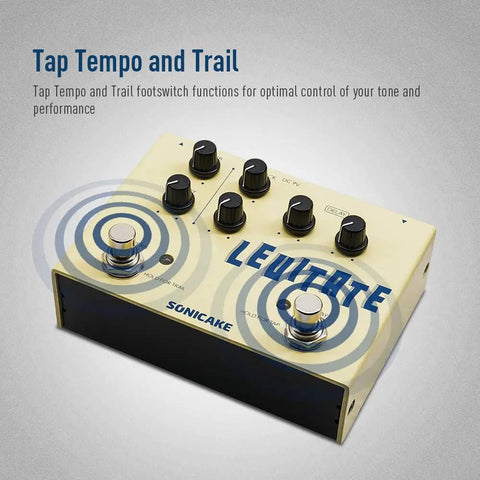 Delay And Reverb 2 In 1 Guitar Pedal With Tap Tempo Trail Decay And Buffer Bypass For Pristine Live Tone Digital Plate Reverb And Up To 2000ms Delay Dope Tone in beige, showcasing its footswitch features and control knobs on a gray background.
