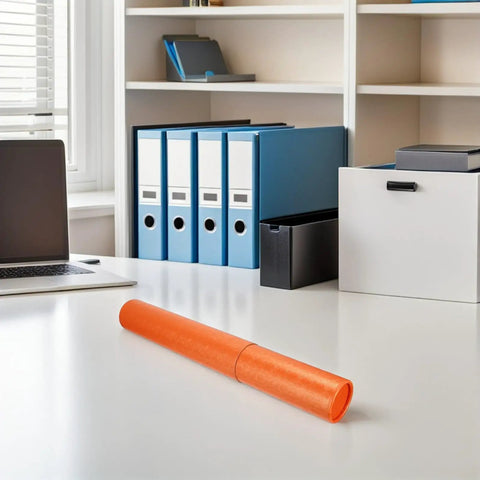 Adjustable Telescoping Poster Tube 52 to 95 cm for Posters, Blueprints and Artwork on an office desk.
