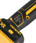 Close-up of the handle and controls on an 18V Cordless Compact Angle Grinder With Brushless Motor And Slick Flat Head Design Built Like A Tank For Heavy Duty Cutting Projects No Batteries Included Goes Hard Every Time Raw Industrial Power.