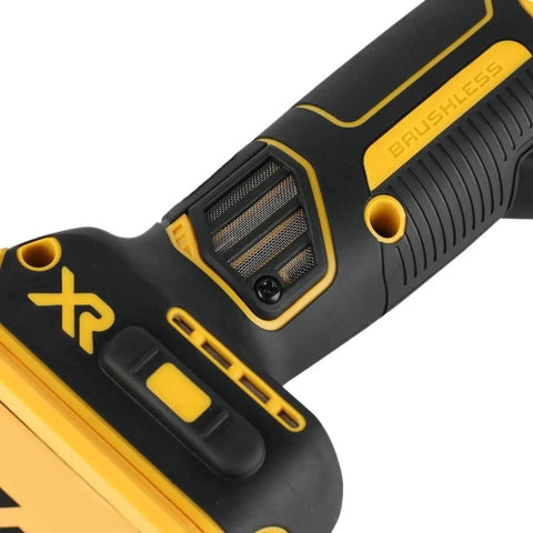 Close-up of the handle and controls on an 18V Cordless Compact Angle Grinder With Brushless Motor And Slick Flat Head Design Built Like A Tank For Heavy Duty Cutting Projects No Batteries Included Goes Hard Every Time Raw Industrial Power.
