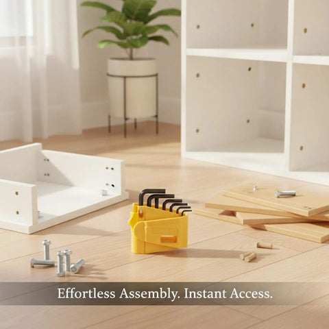 Rock Solid Nine Piece Hex Key Wrench Kit Pack With Durable Soft Lock PVC Case For Easy Furniture Assembly And Home Repairs Keep Your Tools Organized Securely. Yellow PVC case with nine hex keys for furniture assembly