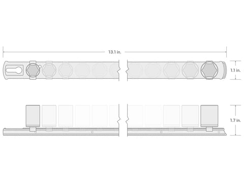 Diagram of 3/8 Inch Drive Shallow 6-Point Socket Set With Rail, 12-Piece, 8-19 mm Metric Range, showing dimensions and layout