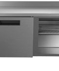 Heavy-Duty 72 Inch Commercial Refrigerator Featuring Three Door Stainless Steel Worktop Design with open door and shelving inside.