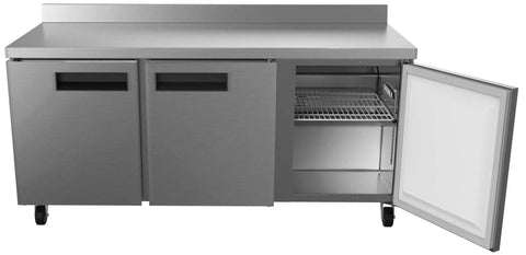 Heavy-Duty 72 Inch Commercial Refrigerator Featuring Three Door Stainless Steel Worktop Design with open door and shelving inside.