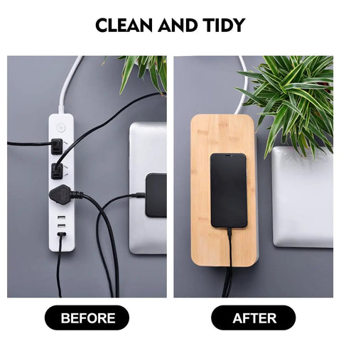 2 Pack Large Cable Management Box Set With Wooden Style Cord Organizer and Cover showing before and after setup