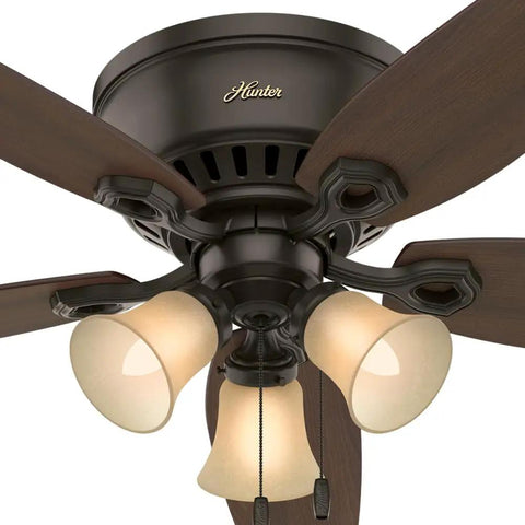 52 Inch Indoor Ceiling Fan With LED Lights, Bronze Finish, Low Profile Flush Mount, 5 Blades, Pull Chain with light shades close-up