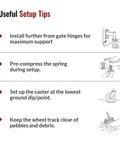 Useful setup tips for 8 Inch Spring Loaded Gate Caster Wheel Heavy Duty Pipe Gate Roller with illustrations and guidance.