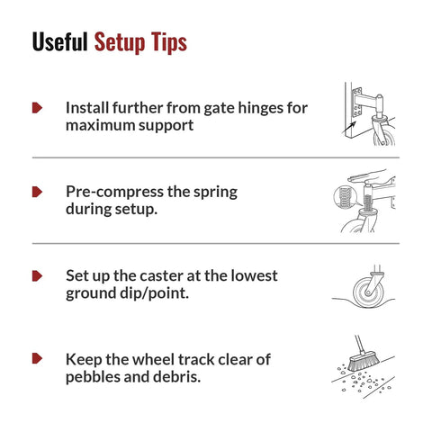 Useful setup tips for 8 Inch Spring Loaded Gate Caster Wheel Heavy Duty Pipe Gate Roller with illustrations and guidance.